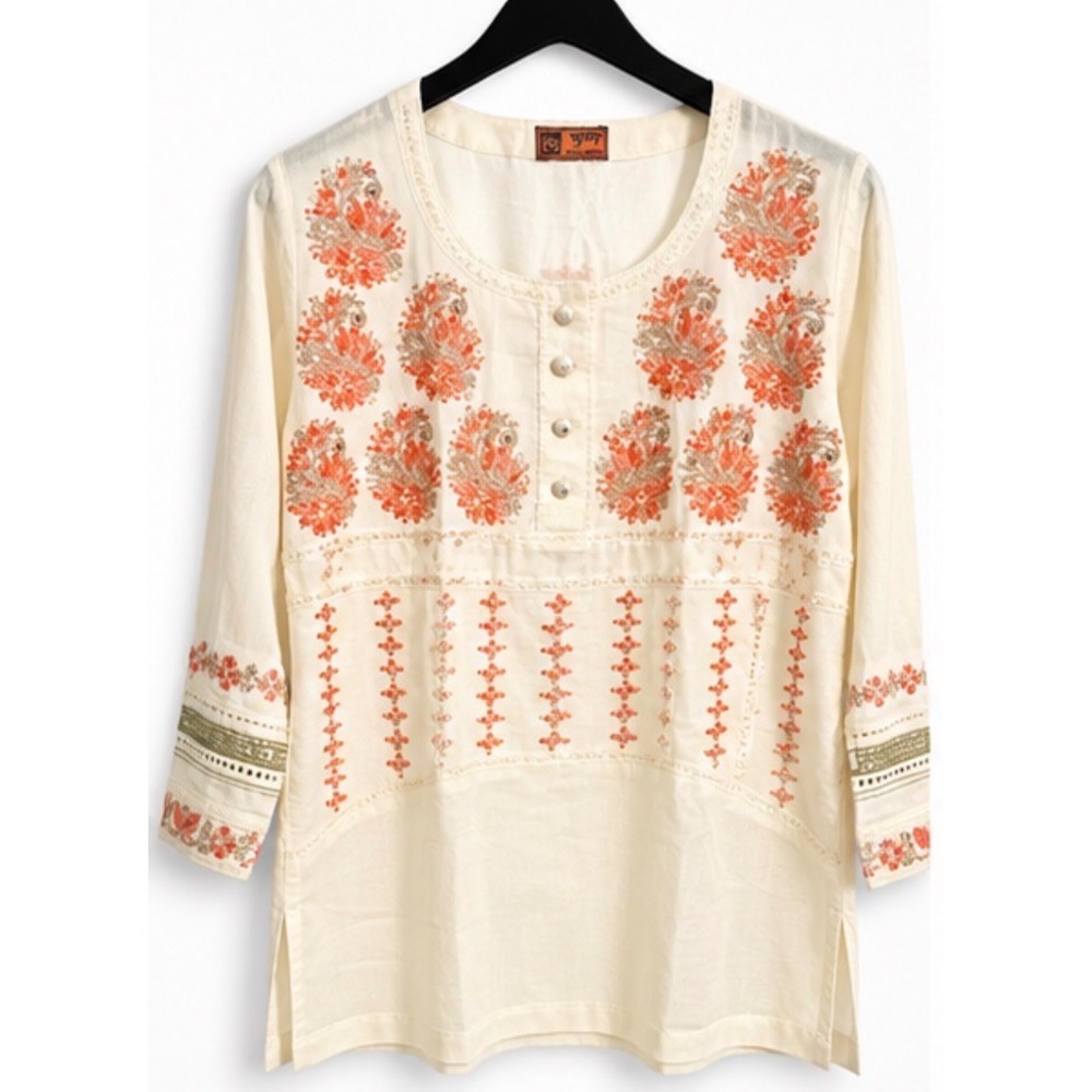 Mc Coy Women Embroidered Tunic Top Cream Orange Floral Sequin Size 42 Boho